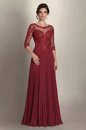 Burgundy 3/4-Sleeve Lace and Pleated Chiffon Mother of the Bride Gown