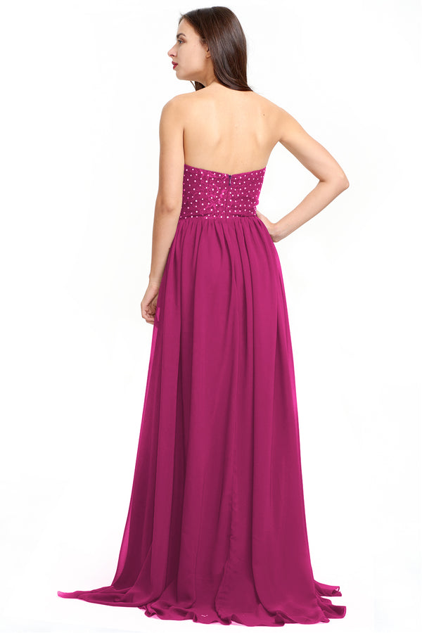 Fuchsia Strapless Plunging Chiffon A-Line Evening Gown