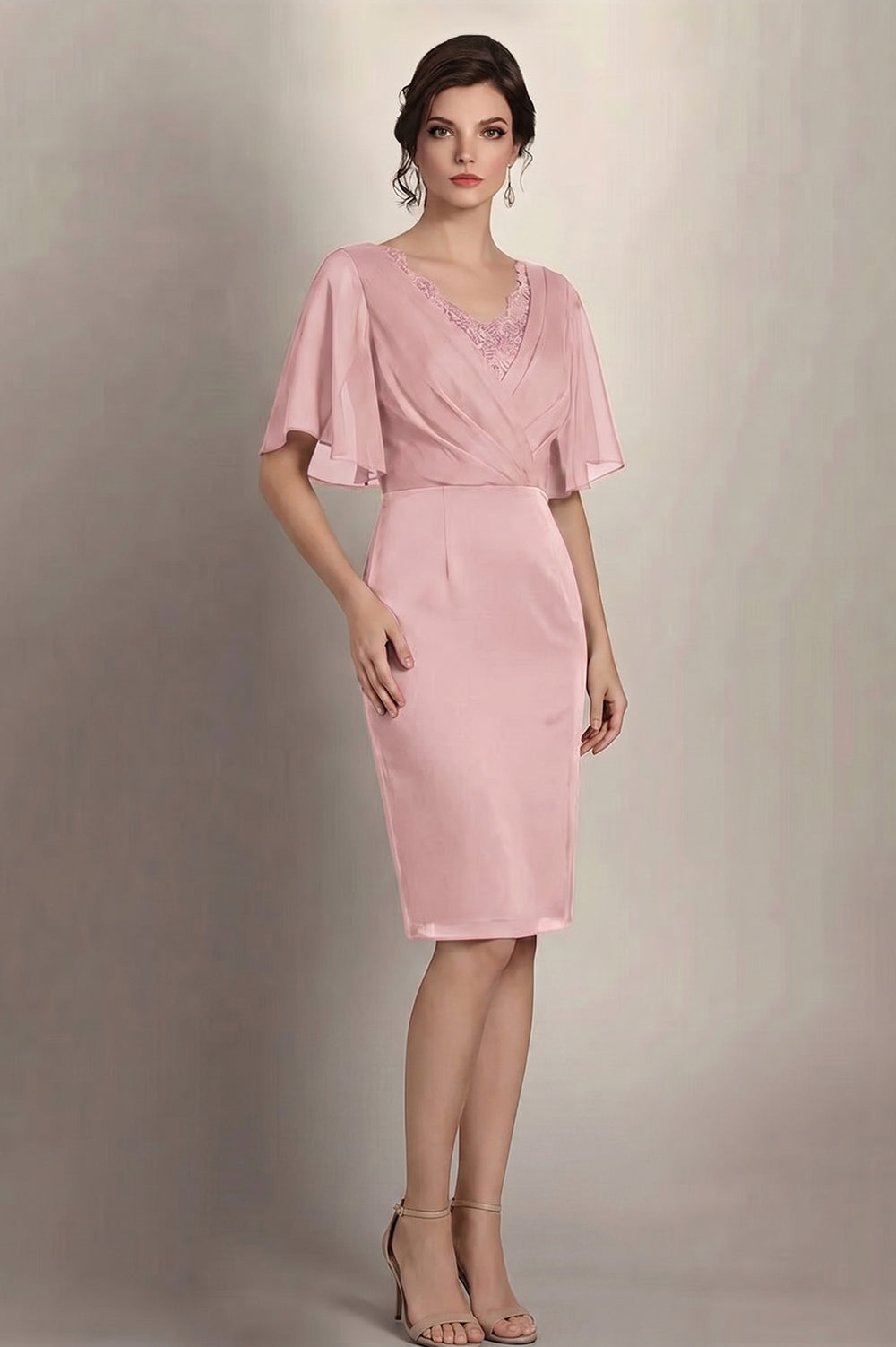 Flutter-Sleeve Lace-Inset Chiffon Sheath Mother of the Bride Dress