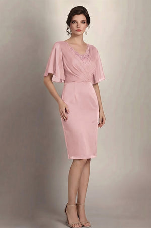 Flutter-Sleeve Lace-Inset Chiffon Sheath Mother of the Bride Dress