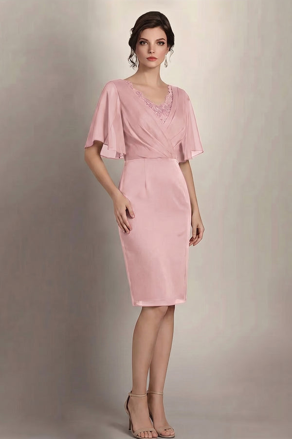 Flutter-Sleeve Lace-Inset Chiffon Sheath Mother of the Bride Dress