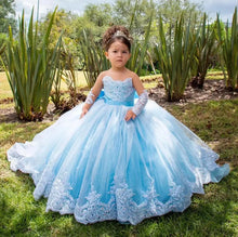 Long Sleeved Lace Appliques Tulle Blue Flower Girl Dresses