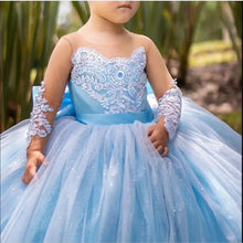 Long Sleeved Lace Appliques Tulle Blue Flower Girl Dresses