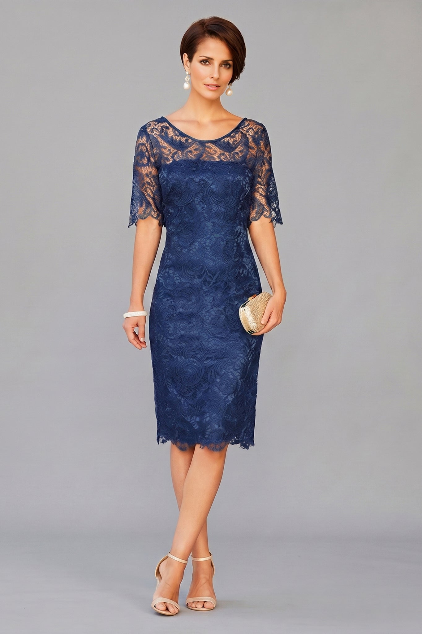 Sheath/Column Knee-length Lace Mother of the Bride Dresses with 1/2 Sl   Angrila