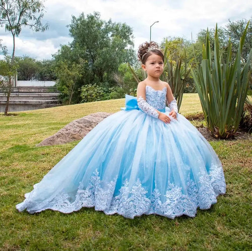 Long Sleeved Lace Appliques Tulle Blue Flower Girl Dresses