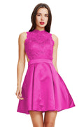 Fuchsia Cutout-Back Pleated Lace and Satin A-Line Short Homecoming Dress