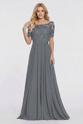 Illusion-Sleeve Lace and Chiffon A-Line Mother of the Bride Gown