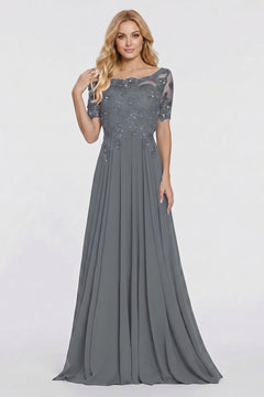 Illusion-Sleeve Lace and Chiffon A-Line Mother of the Bride Gown