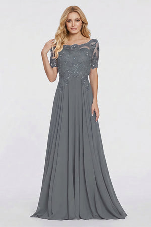 Illusion-Sleeve Lace and Chiffon A-Line Mother of the Bride Gown