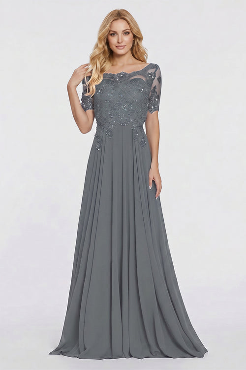 Illusion-Sleeve Lace and Chiffon A-Line Mother of the Bride Gown