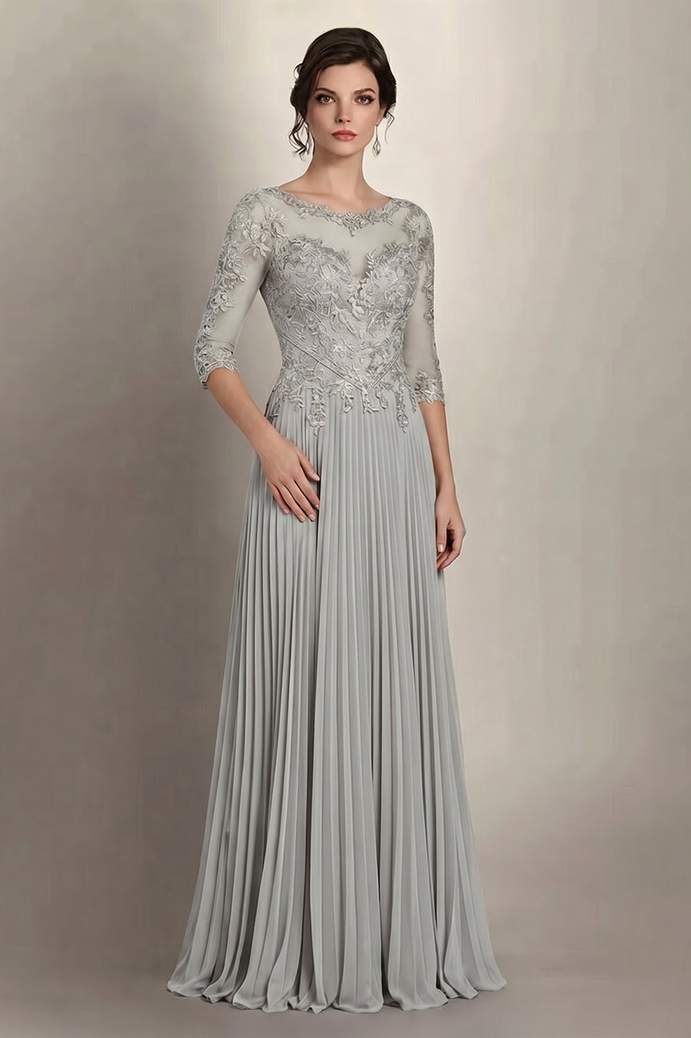 Silver 3/4-Sleeve Lace and Pleated Chiffon Mother of the Bride Gown