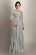 Silver 3/4-Sleeve Lace and Pleated Chiffon Mother of the Bride Gown