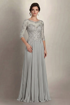 Silver 3/4-Sleeve Lace and Pleated Chiffon Mother of the Bride Gown