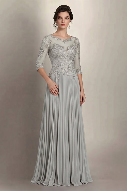 Silver 3/4-Sleeve Lace and Pleated Chiffon Mother of the Bride Gown