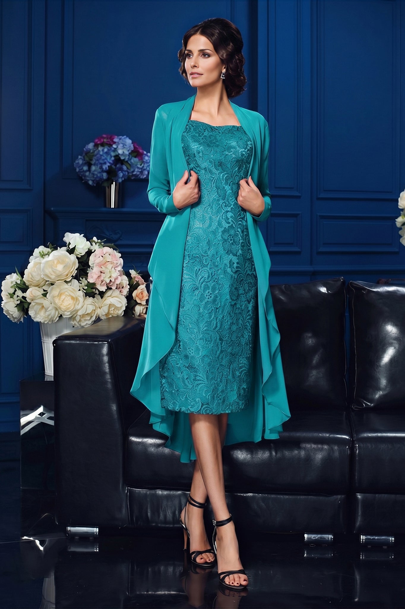 mother of the bride knee length lace dresses Elegant Sheath/Column Illusion Neck 1/2 Sleeves Knee-Length Satin Mother Of The Bride Dresses With Lace