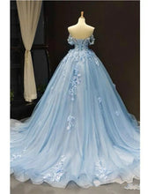Romantic Blue Off The Shoulder Tulle Lace Appliques Prom/Evening Dress
