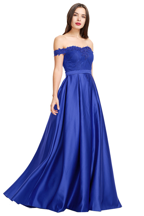 Royal Blue Pleated Off-the-Shoulder Lace and Satin A-Line Prom Dress