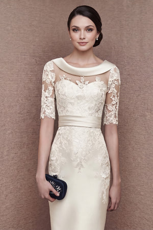 Lace-Sleeve Stretch Satin Sheath Mother of the Bride Dress