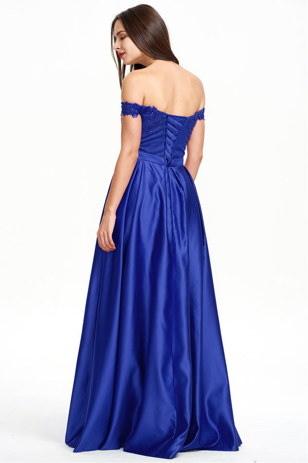 Royal Blue Pleated Off-the-Shoulder Lace and Satin A-Line Prom Dress
