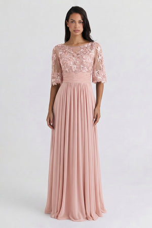 Bell-Sleeve Chiffon Mother of the Bride Dress with Lace Bodice
