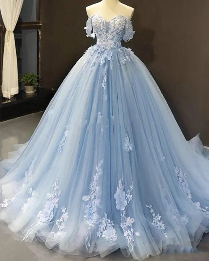 Romantic Blue Off The Shoulder Tulle Lace Appliques Prom/Evening Dress