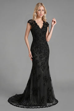 Black Cap-Sleeve Lace and Tulle Mermaid Evening Dress