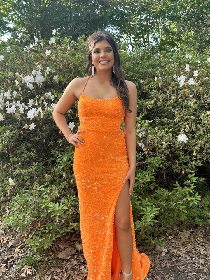 Sparkle Orange Sequin Thin Strap Slit Mermaid Prom Dress