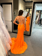 Sparkle Orange Sequin Thin Strap Slit Mermaid Prom Dress