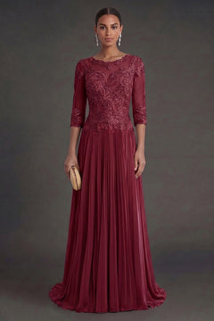 Burgundy Half-Sleeve Lace and Pleated Chiffon Mother of the Bride Dress