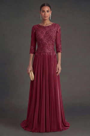 Half-Sleeve Lace and Pleated Chiffon Mother of the Bride Dress