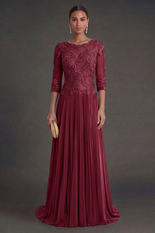 Burgundy Half-Sleeve Lace and Pleated Chiffon Mother of the Bride Dress