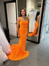 Sparkle Orange Sequin Thin Strap Slit Mermaid Prom Dress