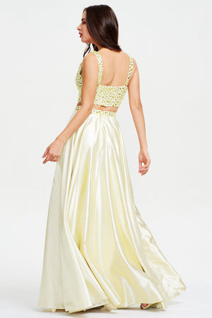 Yellow Two-Piece Beaded Stretch Satin A-Line Prom Dress with Slit