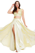 Yellow Two-Piece Beaded Stretch Satin A-Line Prom Dress with Slit