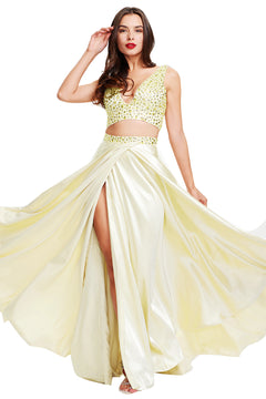 Yellow Two-Piece Beaded Stretch Satin A-Line Prom Dress with Slit