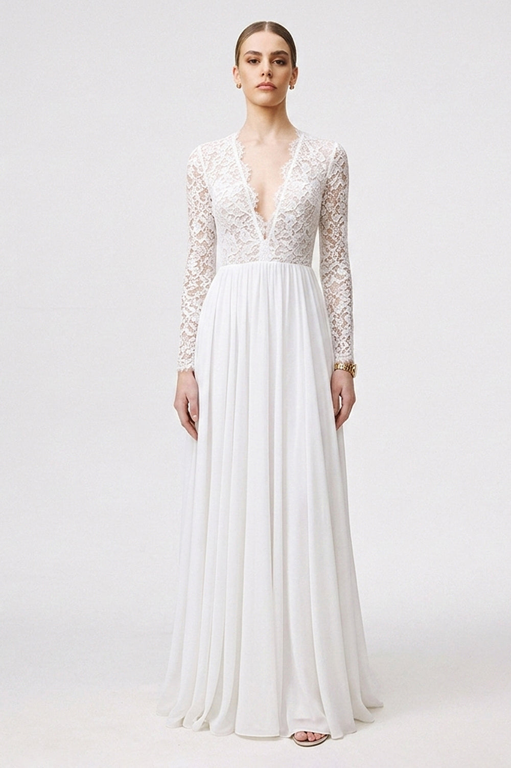 Open-Back Long-Sleeve Lace and Chiffon A-Line Wedding Dress