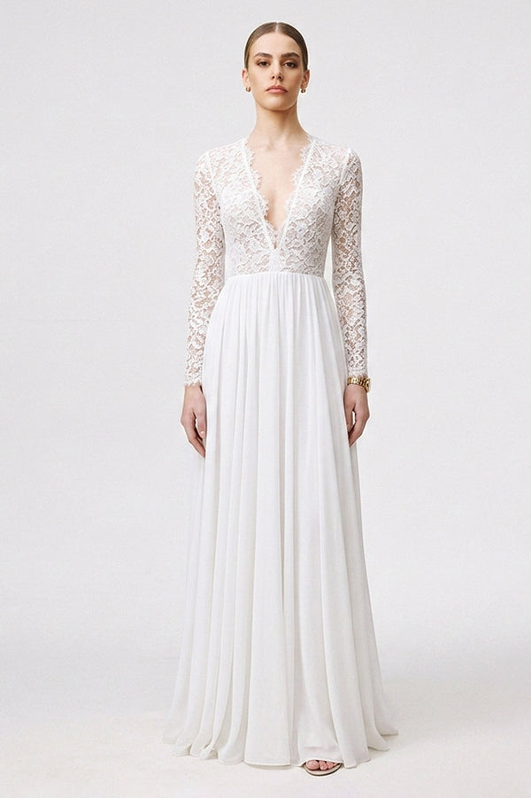 Open-Back Long-Sleeve Lace and Chiffon A-Line Wedding Dress