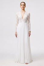 A-line Deep V-neck Full/Long Sleeves Open Back Long Lace Chiffon Wedding Dresses