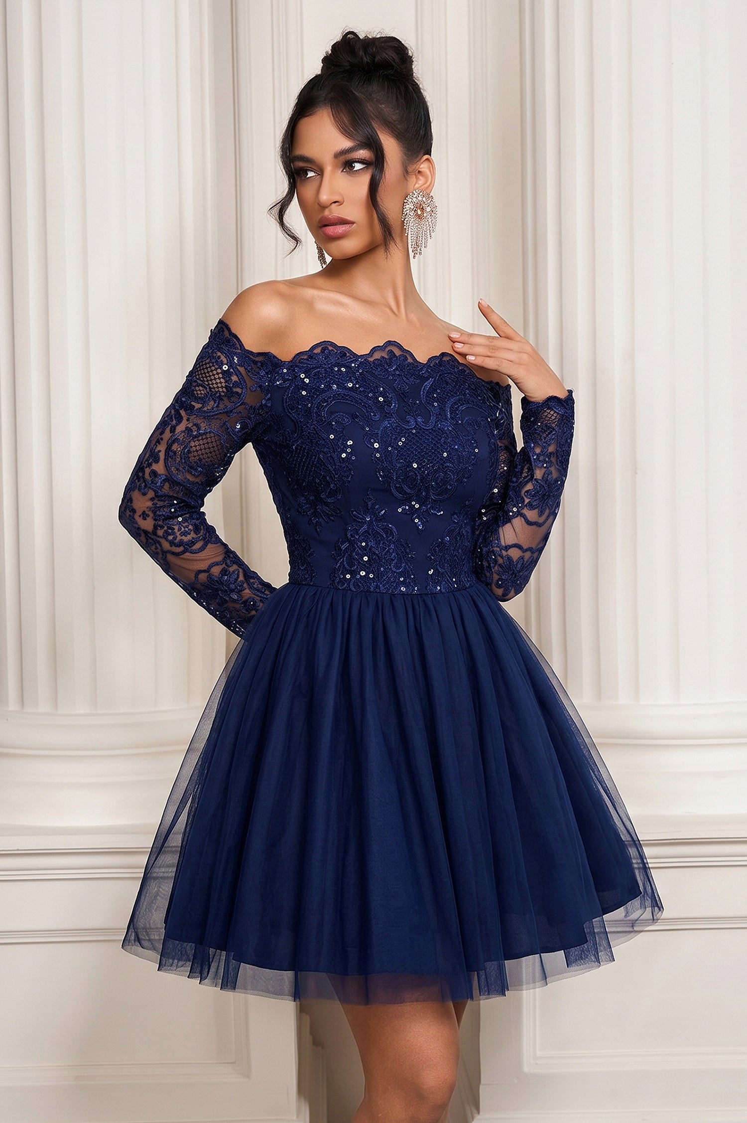 A-Line Off-the-Shoulder Long Sleeves Short Homecoming Dresses with App – Angrila