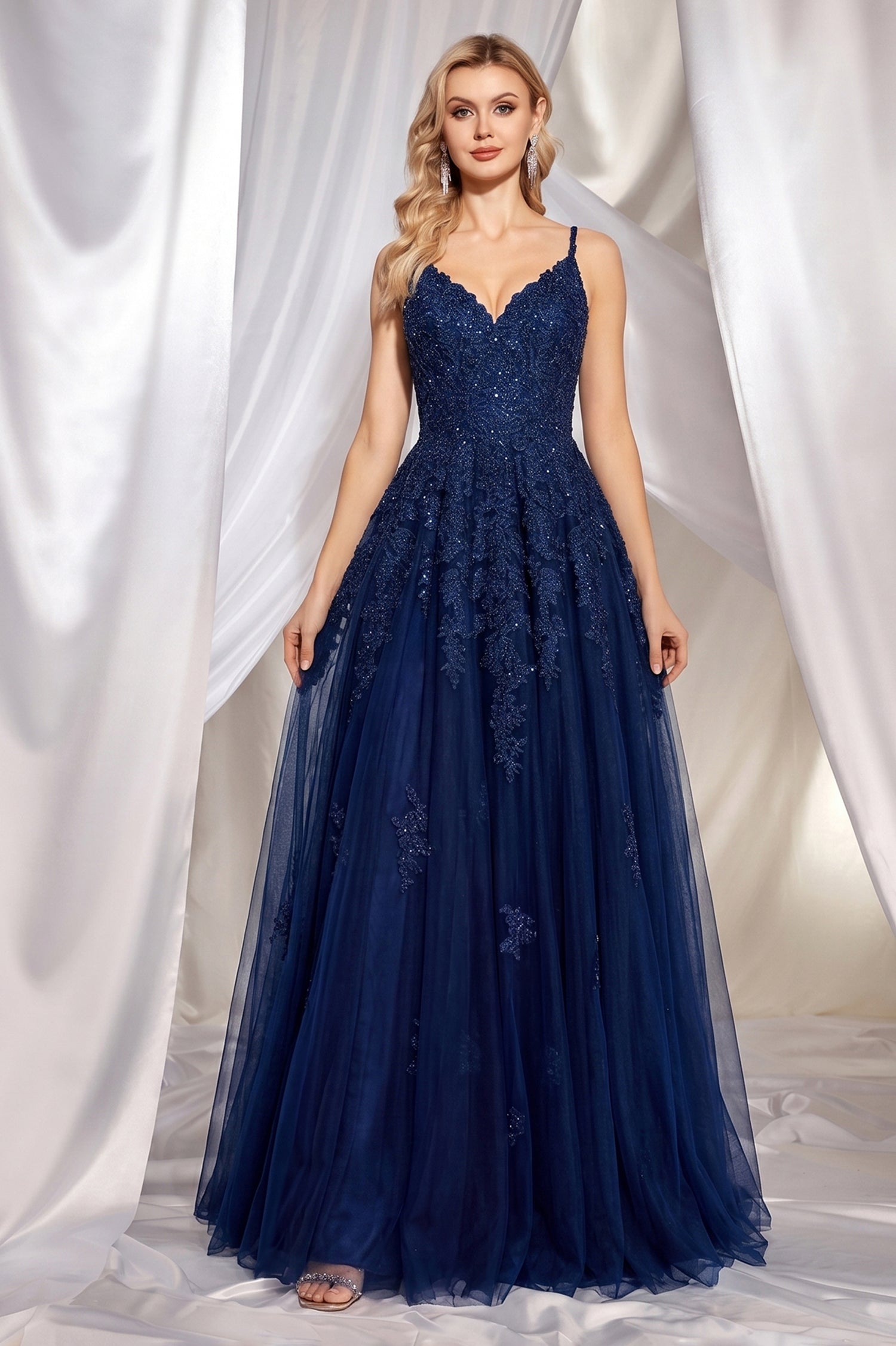 Navy Blue A-Line V-neck Floor-Length Chiffon Prom Dresses With Lace Se Angrila Navy Blue A-Line V-neck Floor-Length Chiffon Prom Dresses With Lace Se Angrila