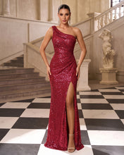 Sparkly Rose gold Sequin One Shoulder Ruched Long Prom Dress with Slit