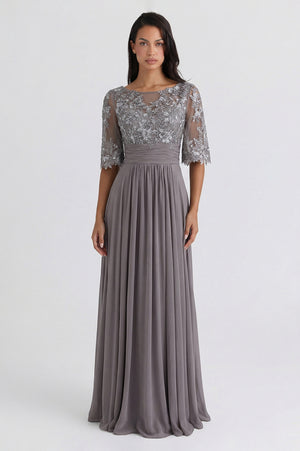 Bell-Sleeve Chiffon Mother of the Bride Dress with Lace Bodice