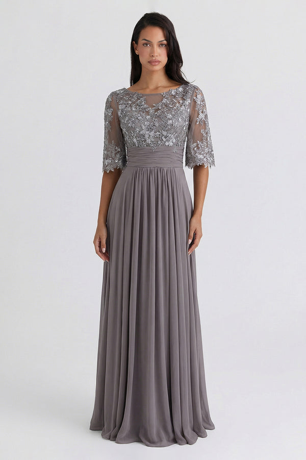Bell-Sleeve Chiffon Mother of the Bride Dress with Lace Bodice