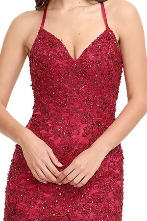 Burgundy Lace-Applique Tulle Mermaid Prom Dress with Tiered Ruffles