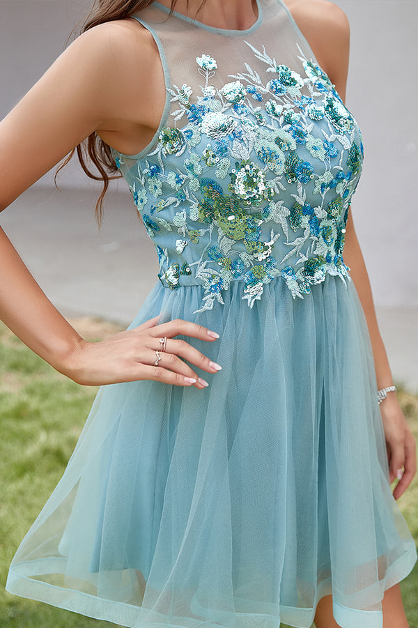 Aquamarine Keyhole-Back Floral Tulle A-Line Homecoming Dress