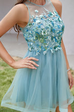 High Neck Floral Applique Tulle Short Homecoming Dress with Keyhole Back