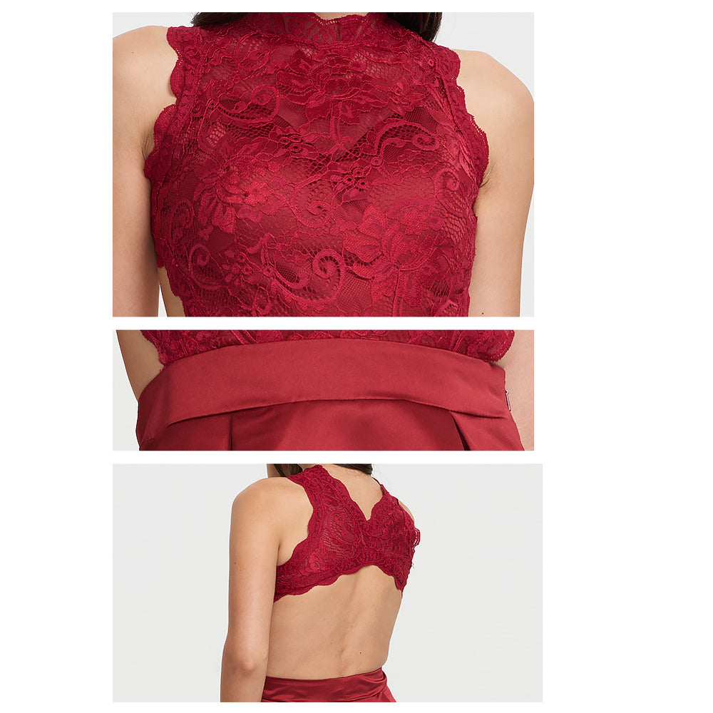 Cutout-Back Pleated Lace and Satin A-Line Short Homecoming Dress