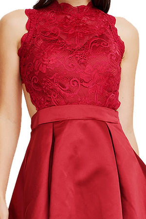 Ruby Red Cutout-Back Pleated Lace and Satin A-Line Short Homecoming Dress