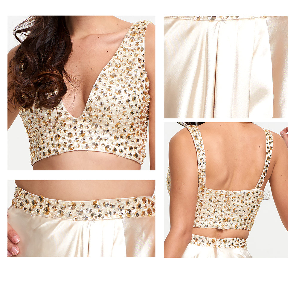Two-Piece Beaded Stretch Satin A-Line Prom Dress with Slit