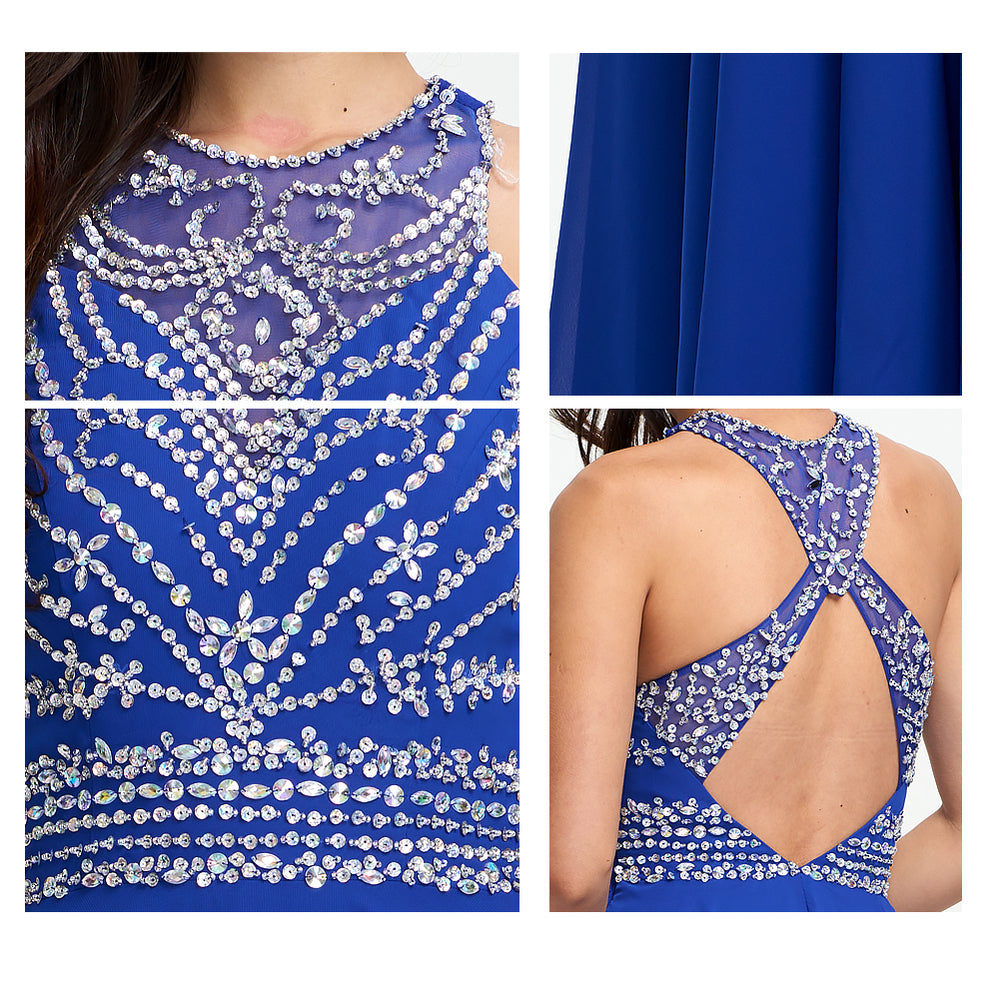 Cutout-Back Beaded Halter Chiffon A-Line Evening Dress